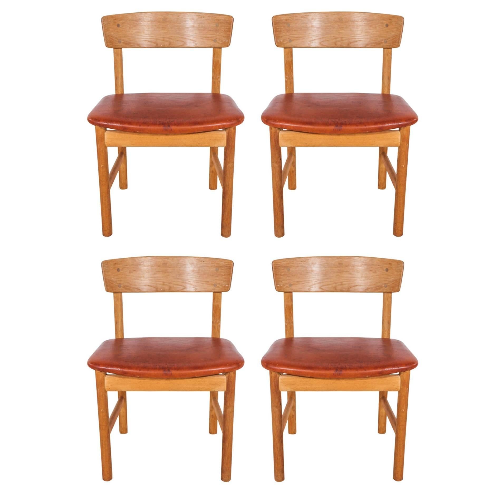 Set of 4 Borge Mogensen Oak and Leather Curved Back Sound Series Dining Chairs