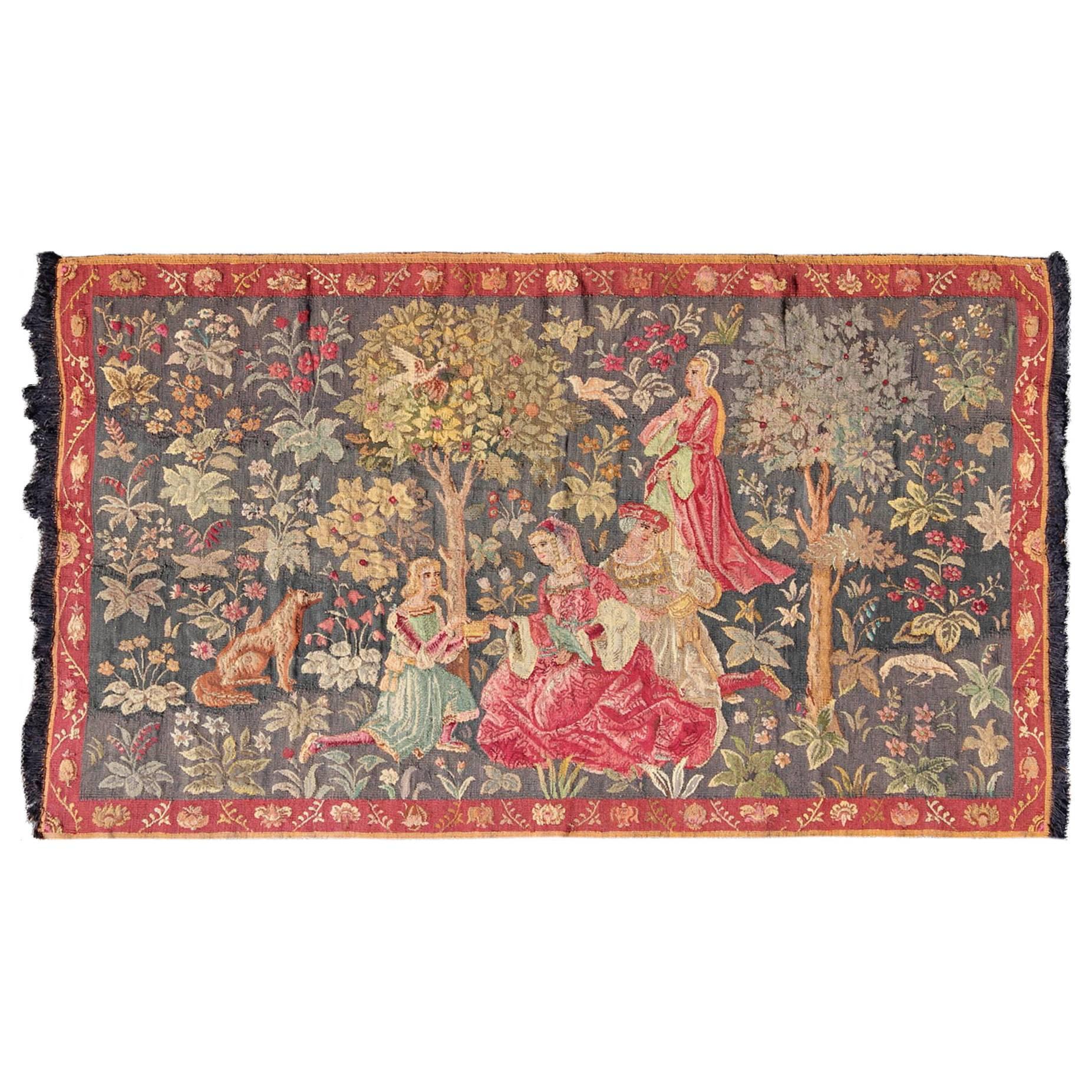Antique French Tapestry in Gray Background and Vibrant Colors For Sale