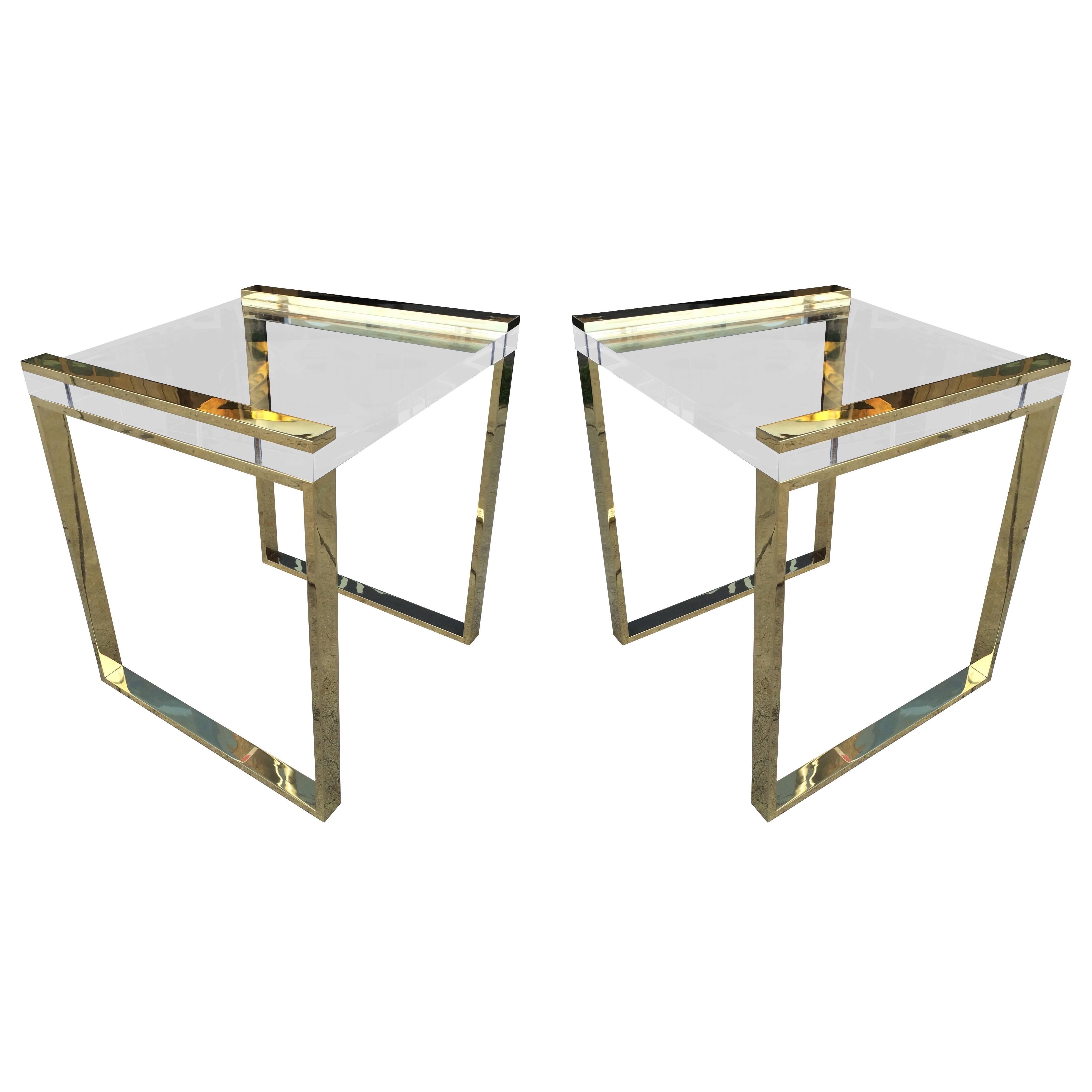Pair of Charles Hollis Jones Side Tables in Lucite and Brass For Sale