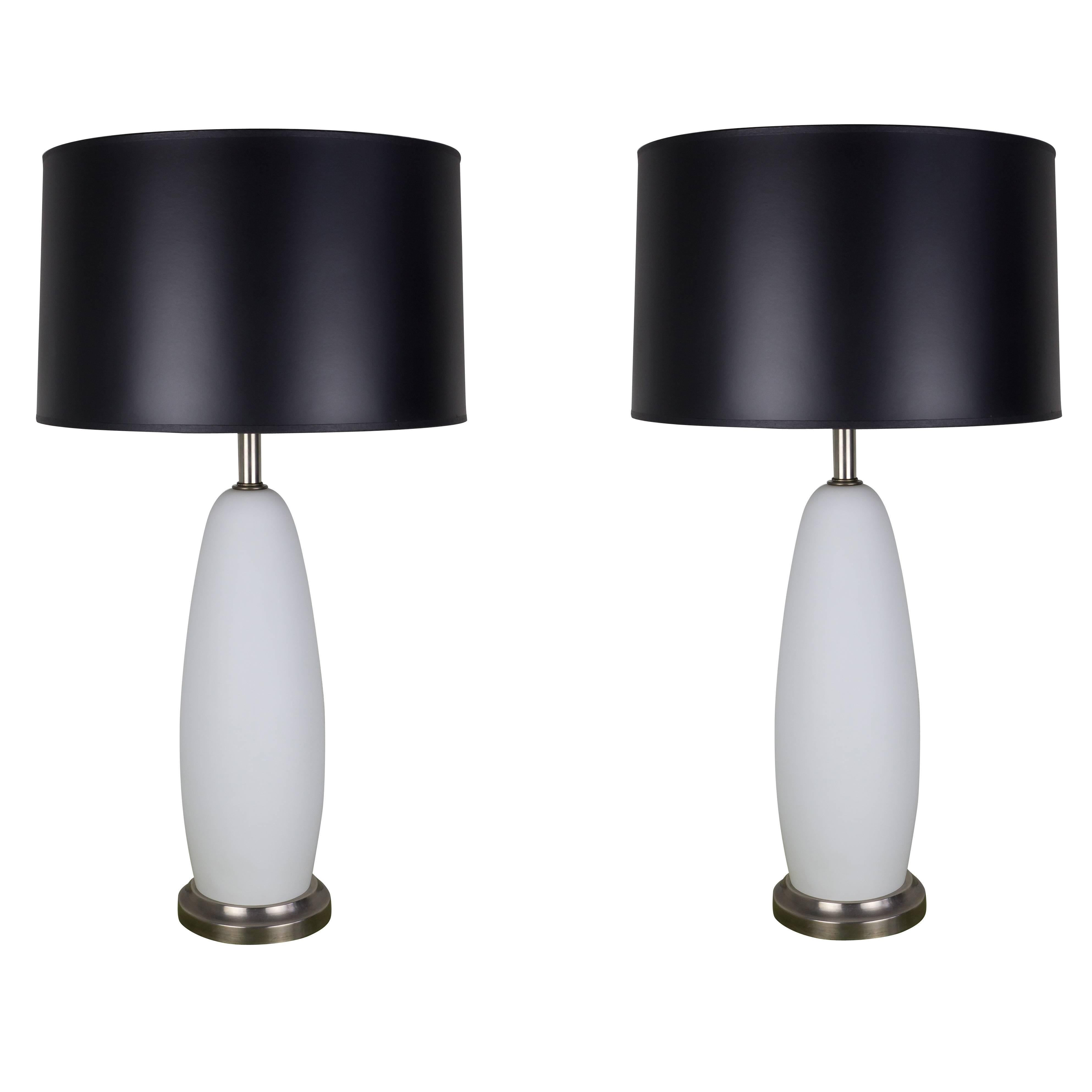 Pair of Italian Mid Century Frosted White Murano Glass Table Lamps