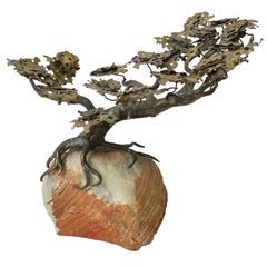 Brass and Onyx Marble Japanese Bonsai Tree Sculpture 