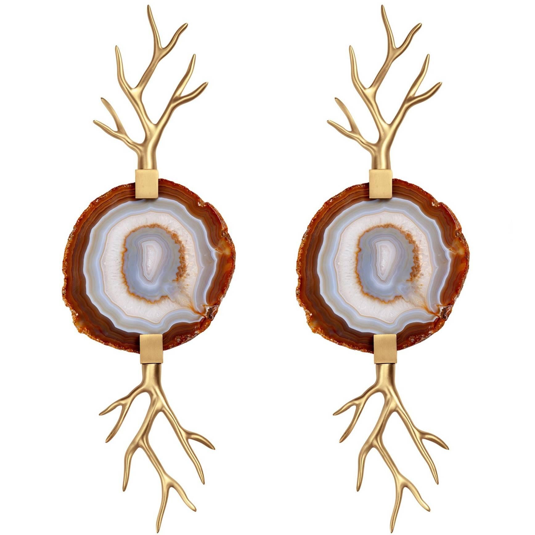 Willy Daro Style Brass and Agate Slice Wall Sconces