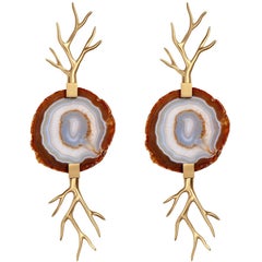 Willy Daro Style Brass and Agate Slice Wall Sconces