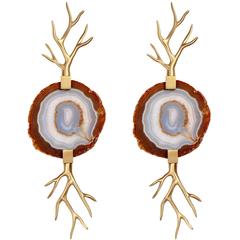 Willy Daro Style Brass and Agate Slice Wall Sconces 4