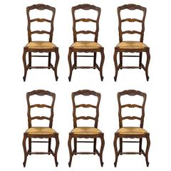 Antique Set of Six  French Country Rush Seat Chairs