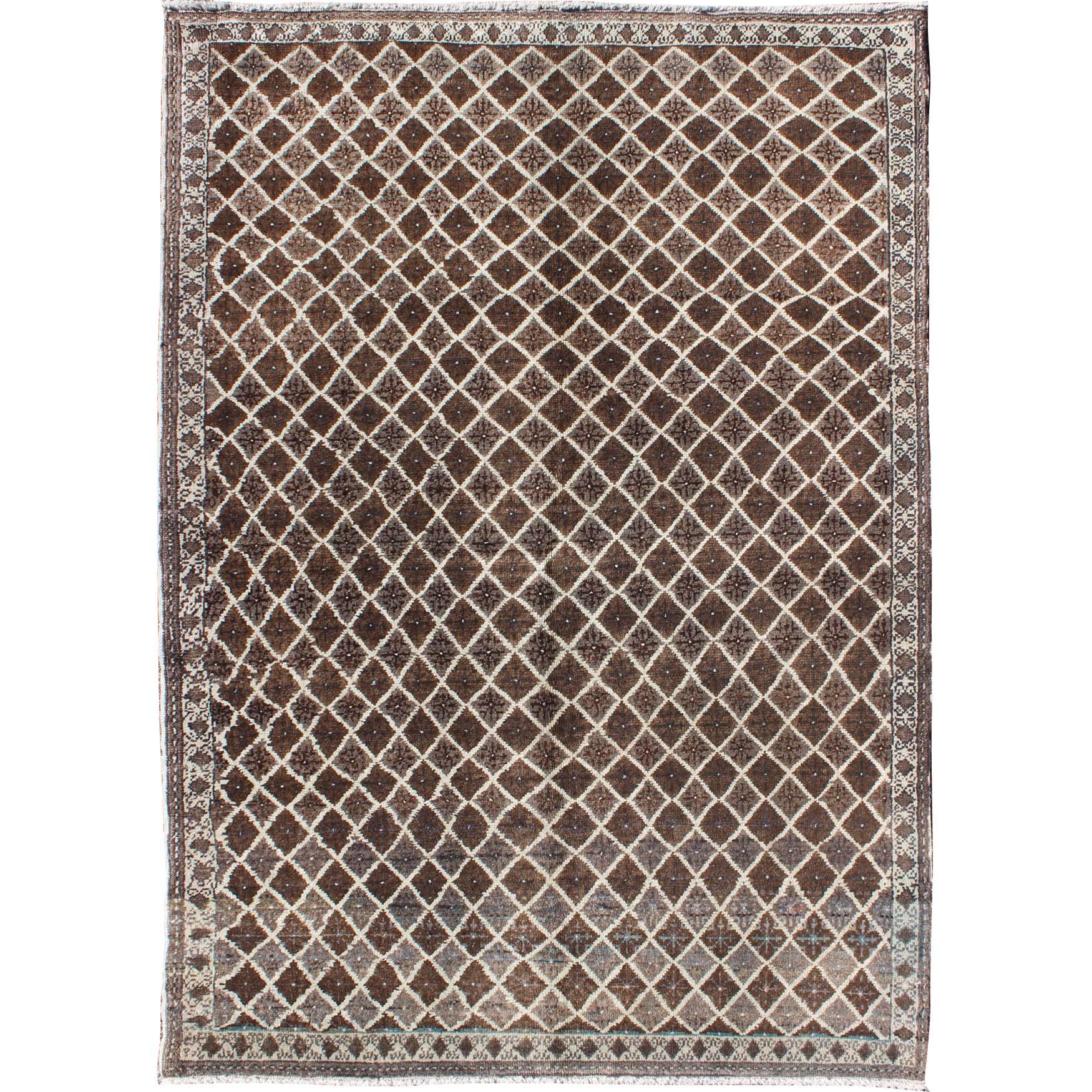 Turkish Rug with Modern Diamond Design in Brown Colors