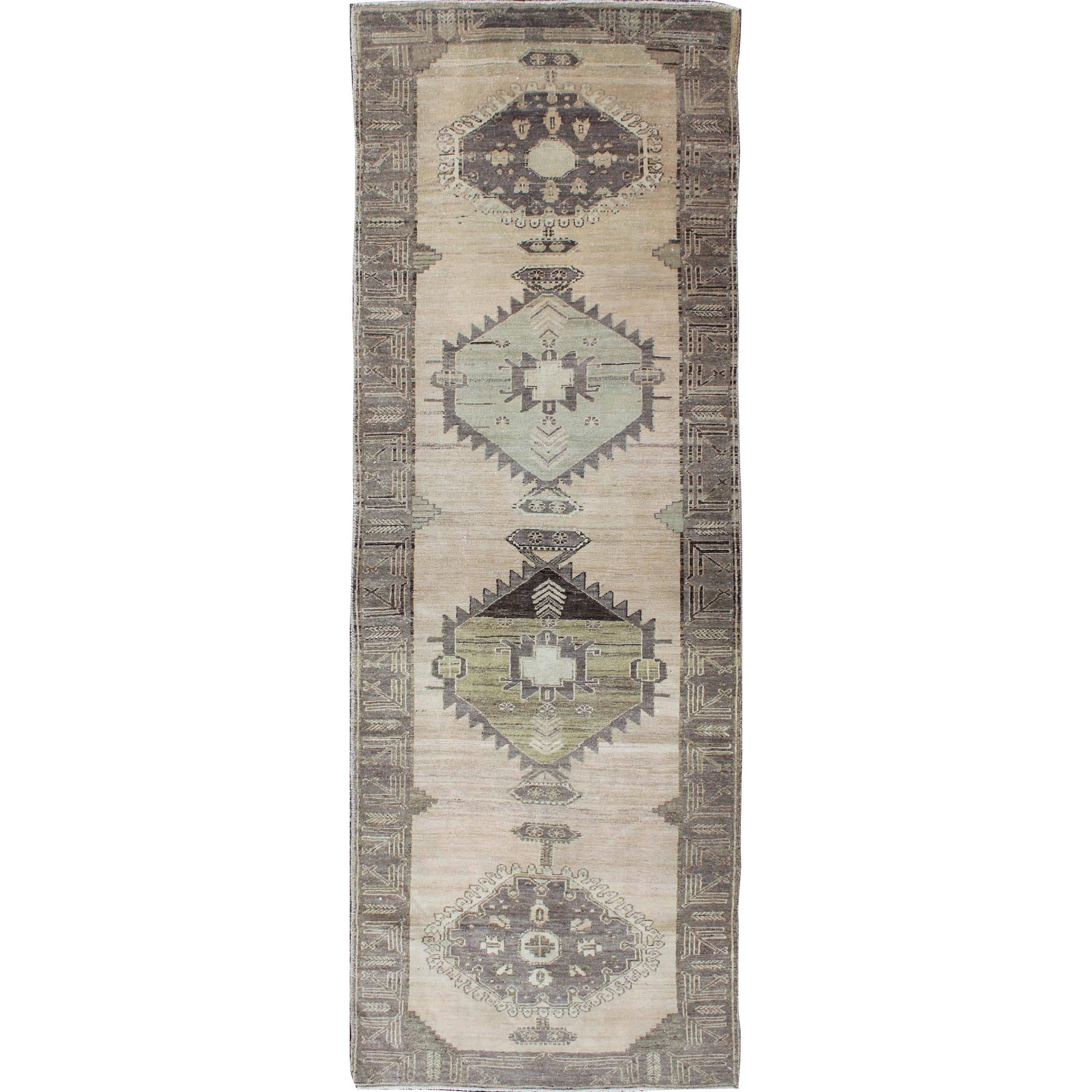 Vintage Oushak Runner Influence by Ottoman Designs in Neutral Colors