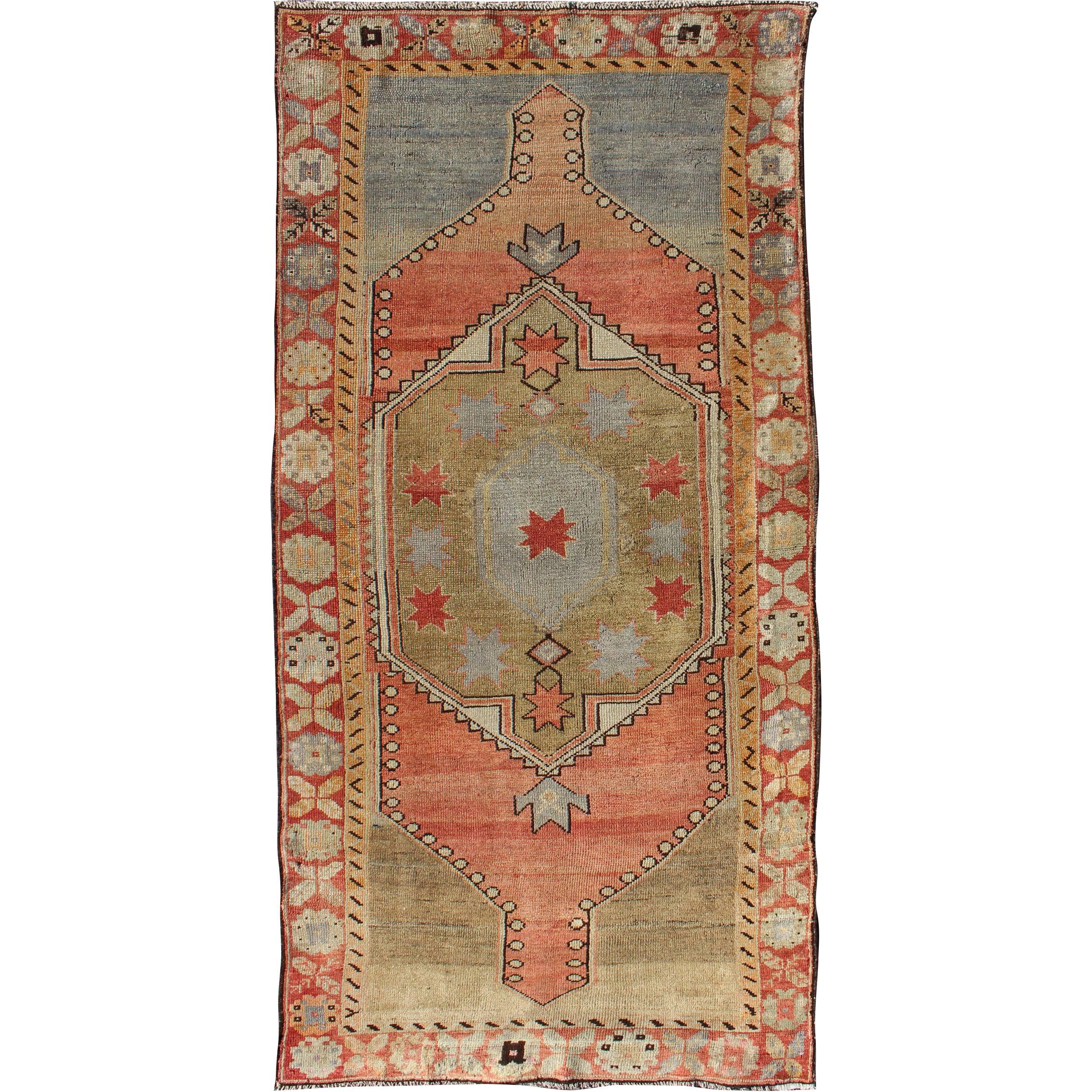 Vintage Turkish Oushak Rug in Faded Red, Camel, Light Blue