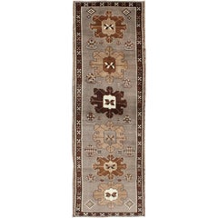 Vintage Turkish Konya Runner in Gray Background and Various shades of Brown