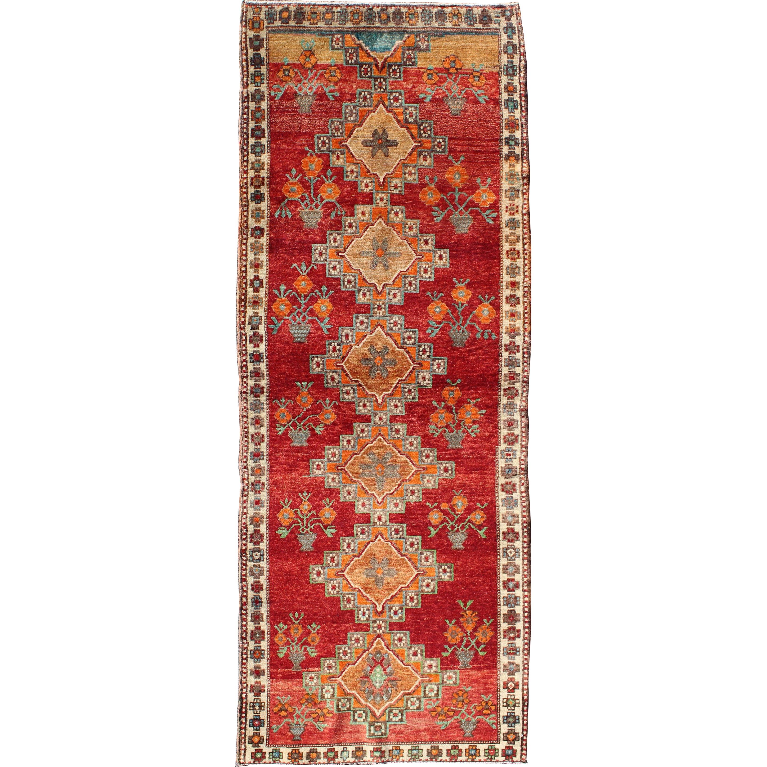 Vintage Turkish Oushak Runner in Beautiful Royal Red, Light Blue/Gray and Orange For Sale
