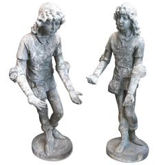 1850s Pair of English Gothic Boy Garden Statues Made from Lead