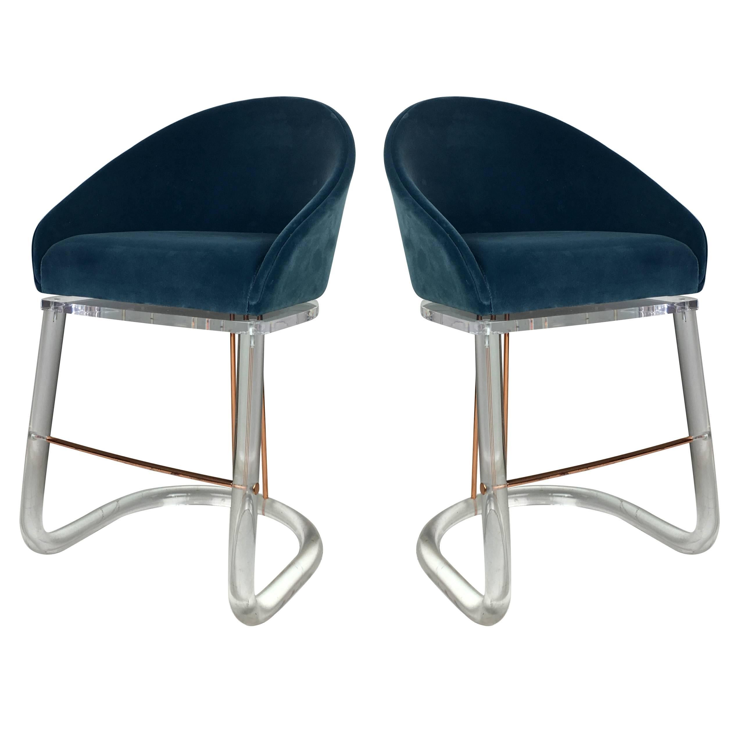 Pair of Lucite and Brass Counter Stools by Lion in Frost