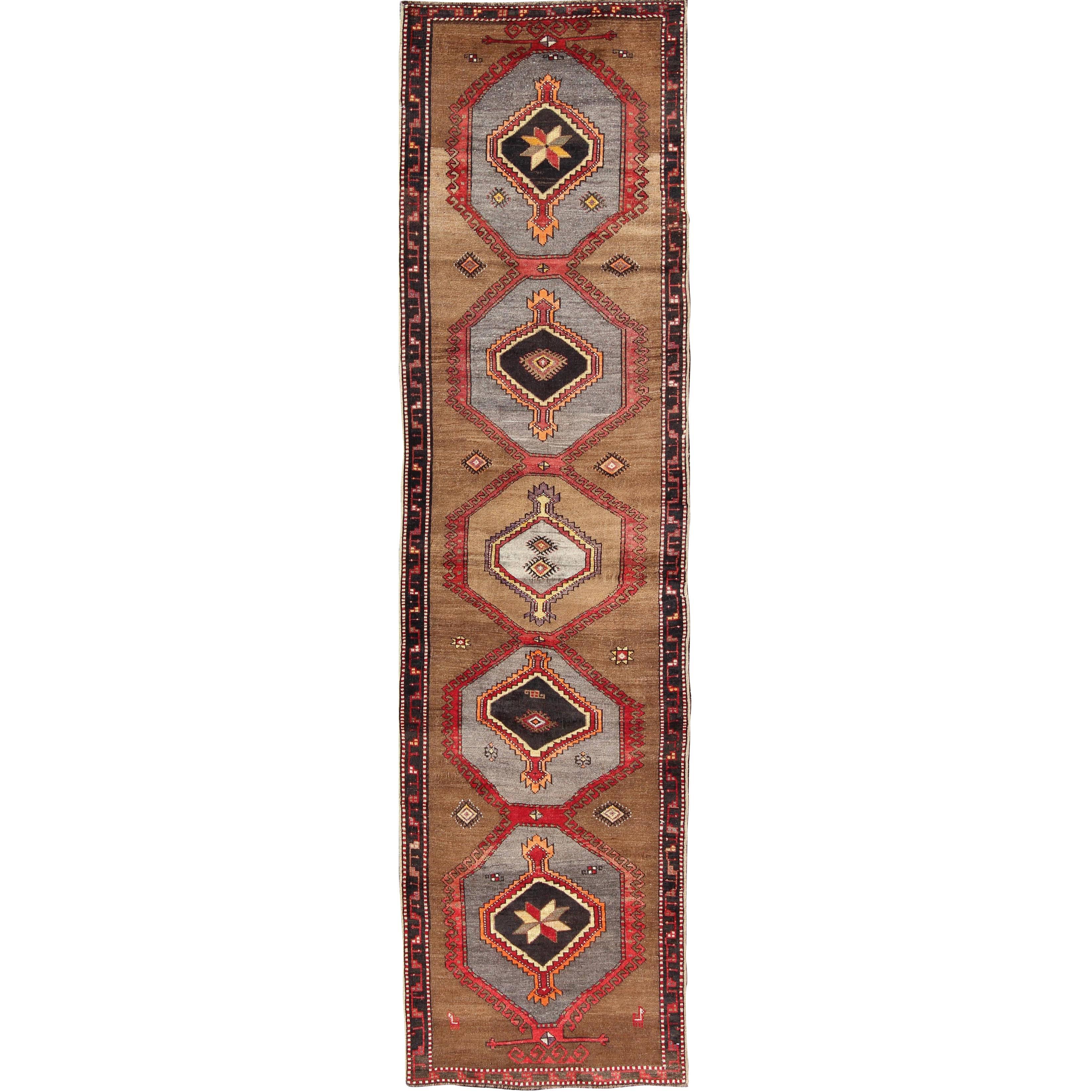 Geometric Turkish Runner in Light Brown Background with Gray, Red & Dark Brown For Sale