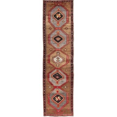 Retro Geometric Turkish Runner in Light Brown Background with Gray, Red & Dark Brown