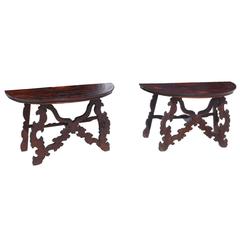 Pair of Italian Inlaid Demilune Consoles