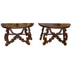 Pair of Italian Inlaid Demilune Consoles