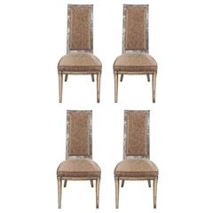 Set of Four Dining Chairs with Mirrored Frames and Silk Upholstery