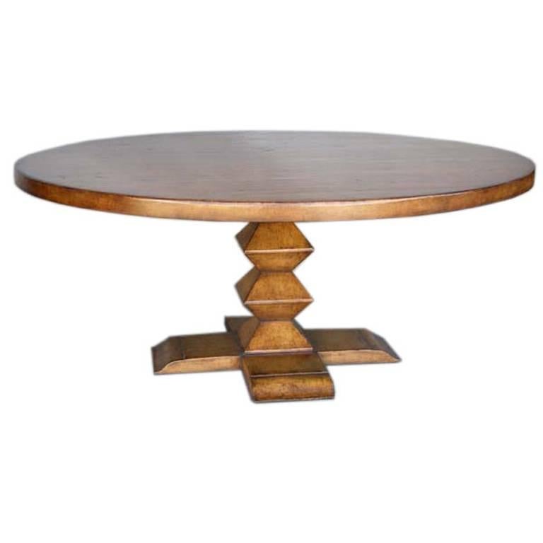Dos Gallos Custom Round Walnut Wood Dining Table With Stacked Pyramid Pedestal