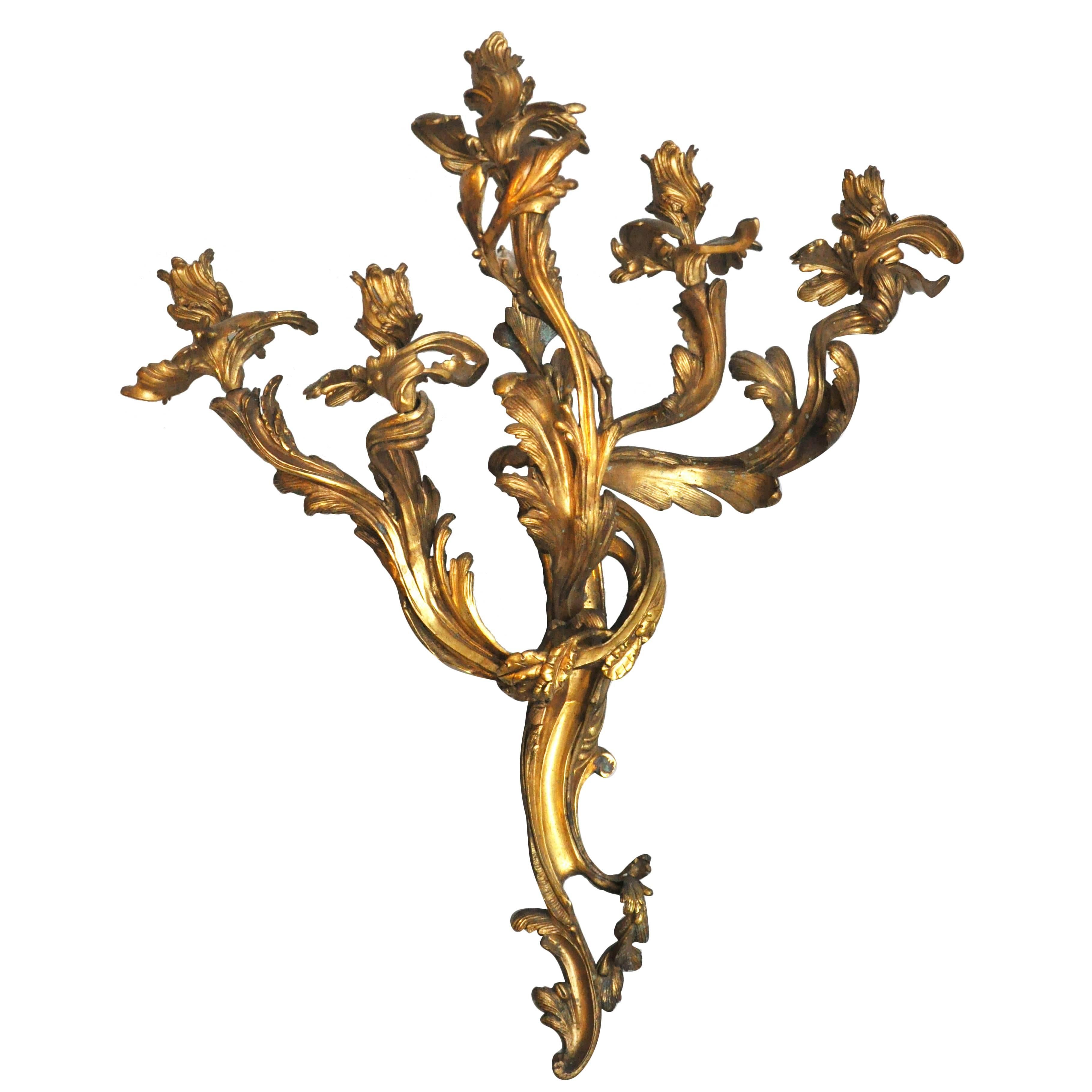 Set of Four Monumental Gilt Bronze Five-Light Candelabra Sconces, Paris, 1860 For Sale