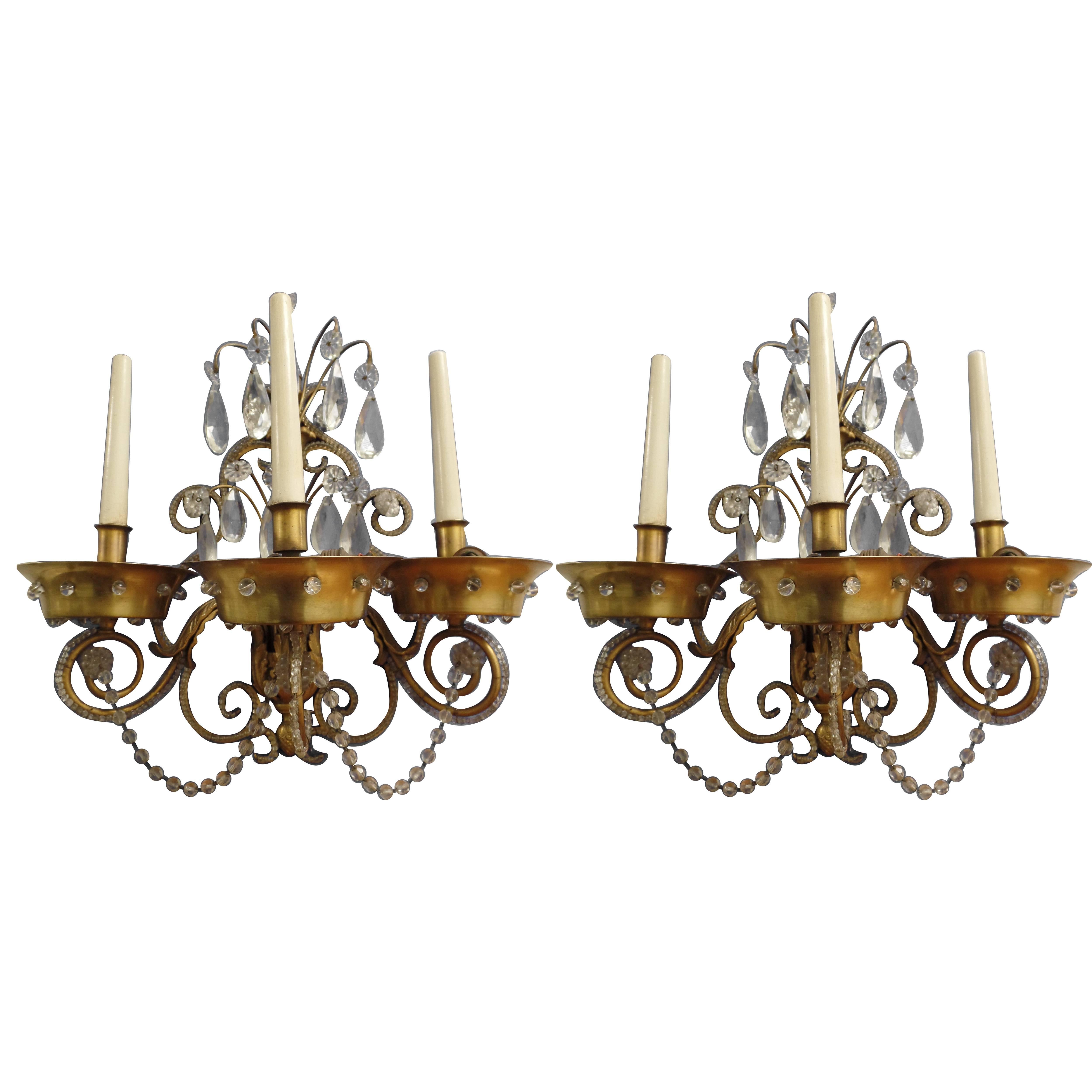 Pair of French Modern Neoclassical Brass and Crystal Sconces by Maison Jansen For Sale