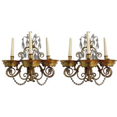 Vintage Pair of French Modern Neoclassical Brass and Crystal Sconces by Maison Jansen