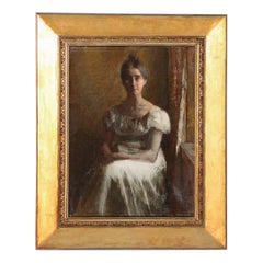 Portrait of a Seated Woman in White, Oil on Canvas Painting by Carl Thomsen