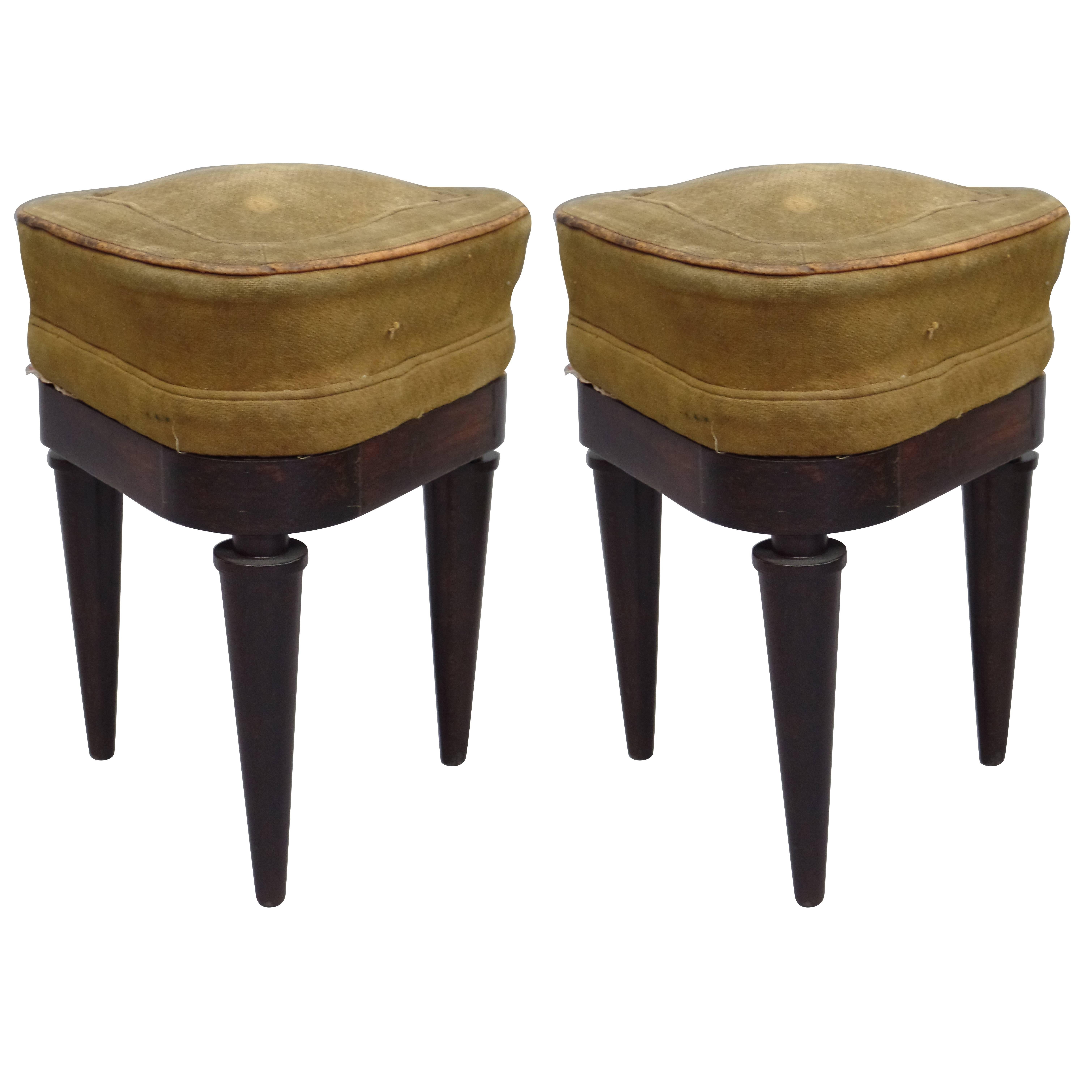 French Modern Neoclassical Mahogany and Suede Tri-Corner Stools, Andre Arbus