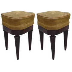 Antique French Modern Neoclassical Mahogany and Suede Tri-Corner Stools, Andre Arbus