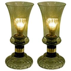 Cenedese 1970s Rare Vintage Pair of Smoked Green Murano Glass Lamps 6