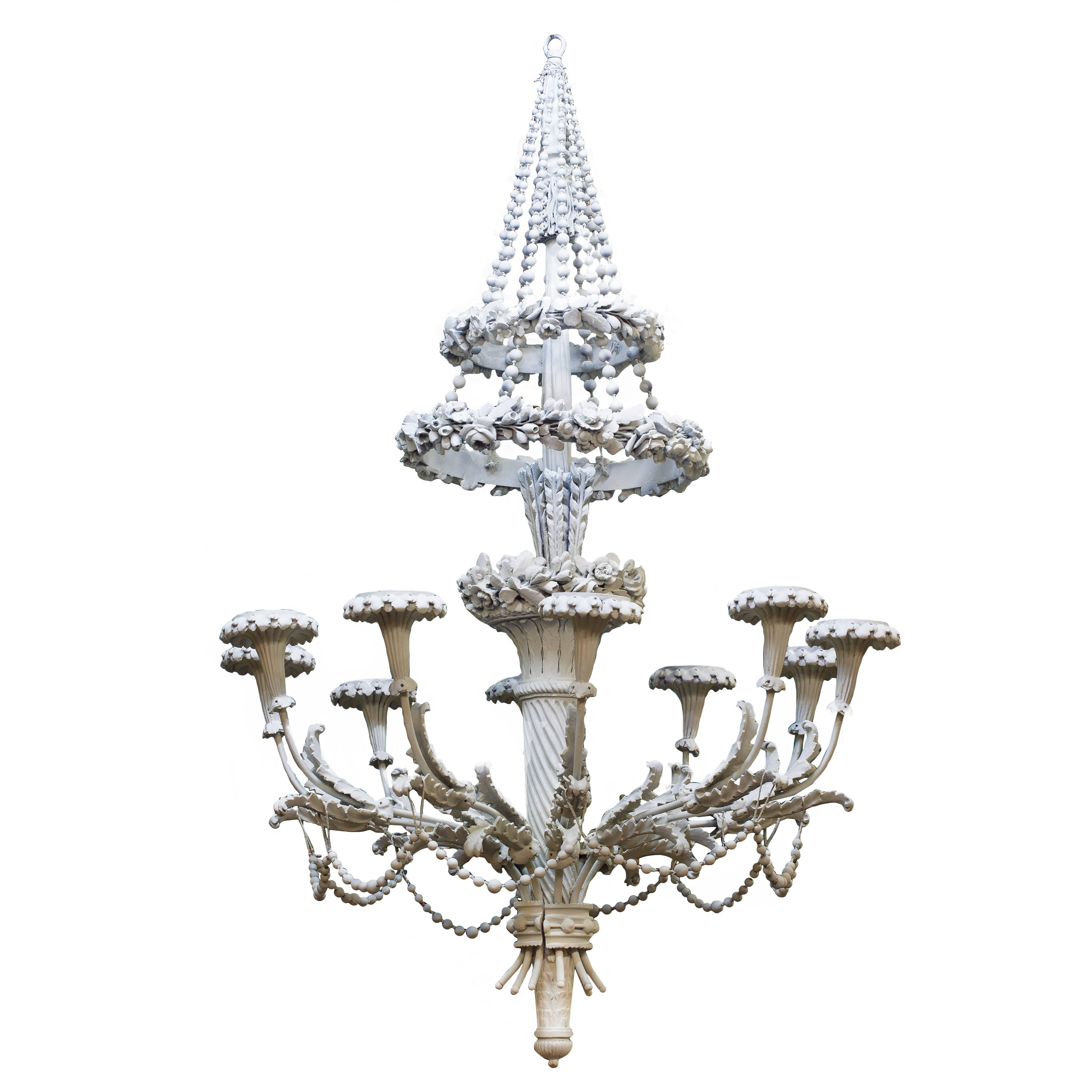 Large Continental Painted, Carved Wood and Composition Ten-Light Chandelier