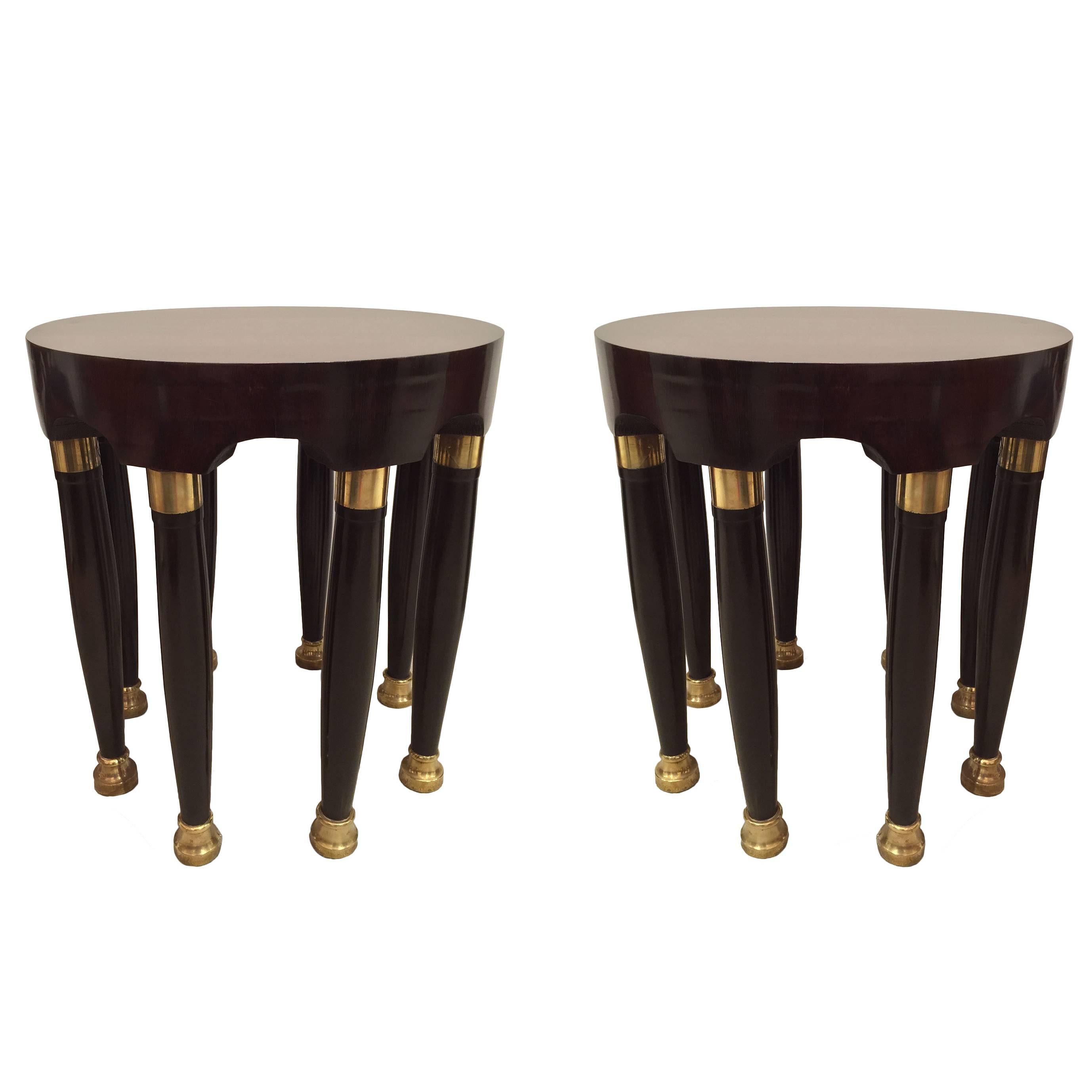 Pair of 1940s Continental Art Deco Round Gilt Trimmed Mahogany End Tables