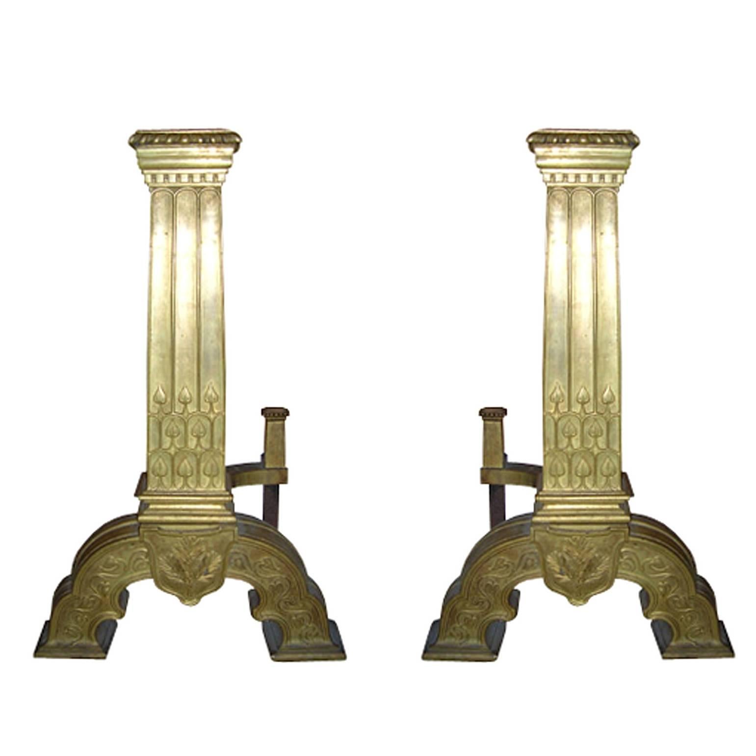 19th-20th Century Bronze Continental Andirons, Jumbo Column For Sale