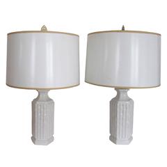 Pair White or Blanc-de-Chine Ceramic Table Lamps with Bamboo Design, 1970s