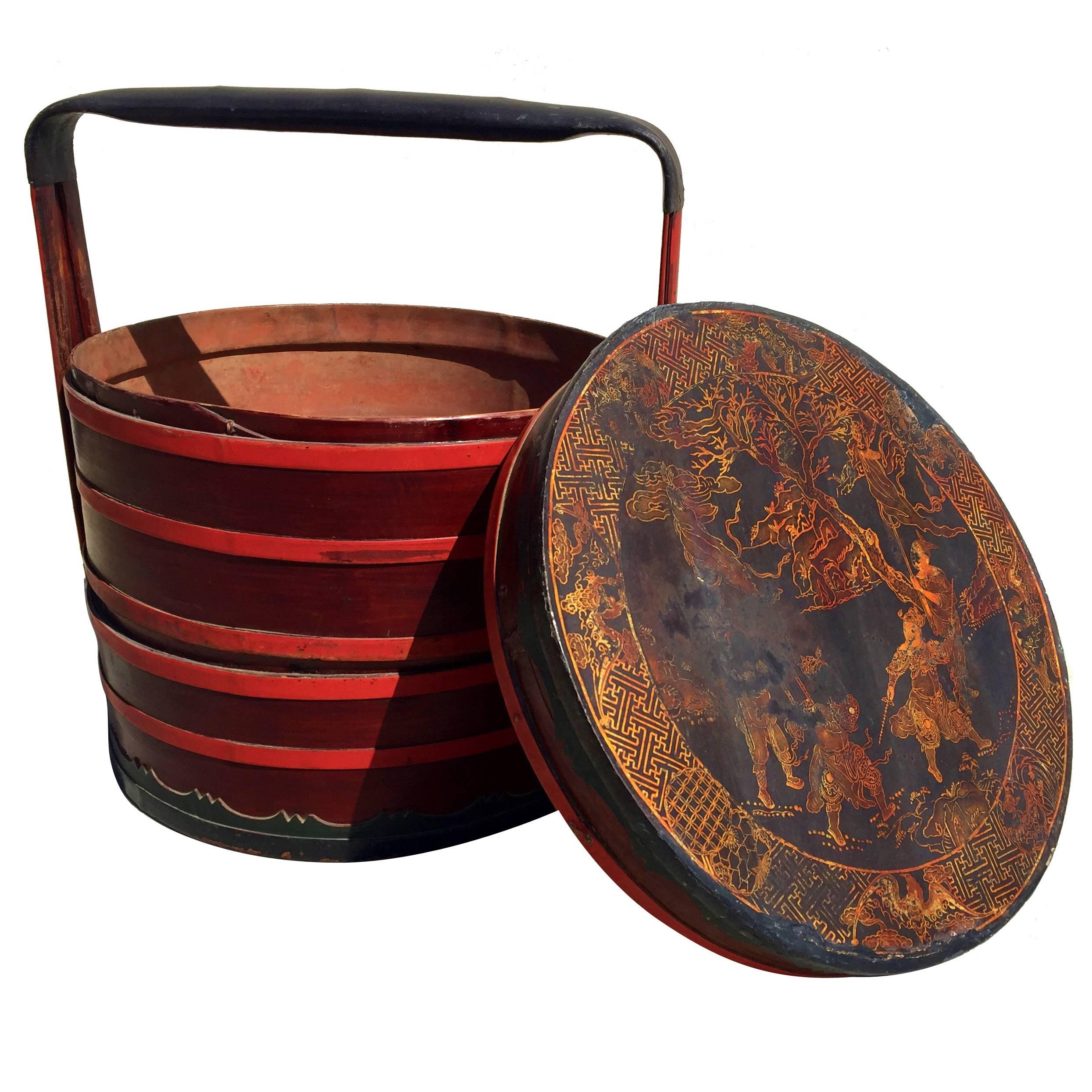 Large Chinese Antique Cinnabar Lacquered Basket, 19th Century For Sale