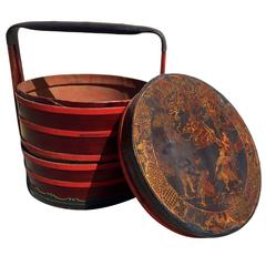 Large Chinese Antique Cinnabar Lacquered Basket, 19th Century