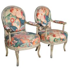 Set of Four Carved and Paint Decorated Fauteuils by Jansen Turned Carved Legs