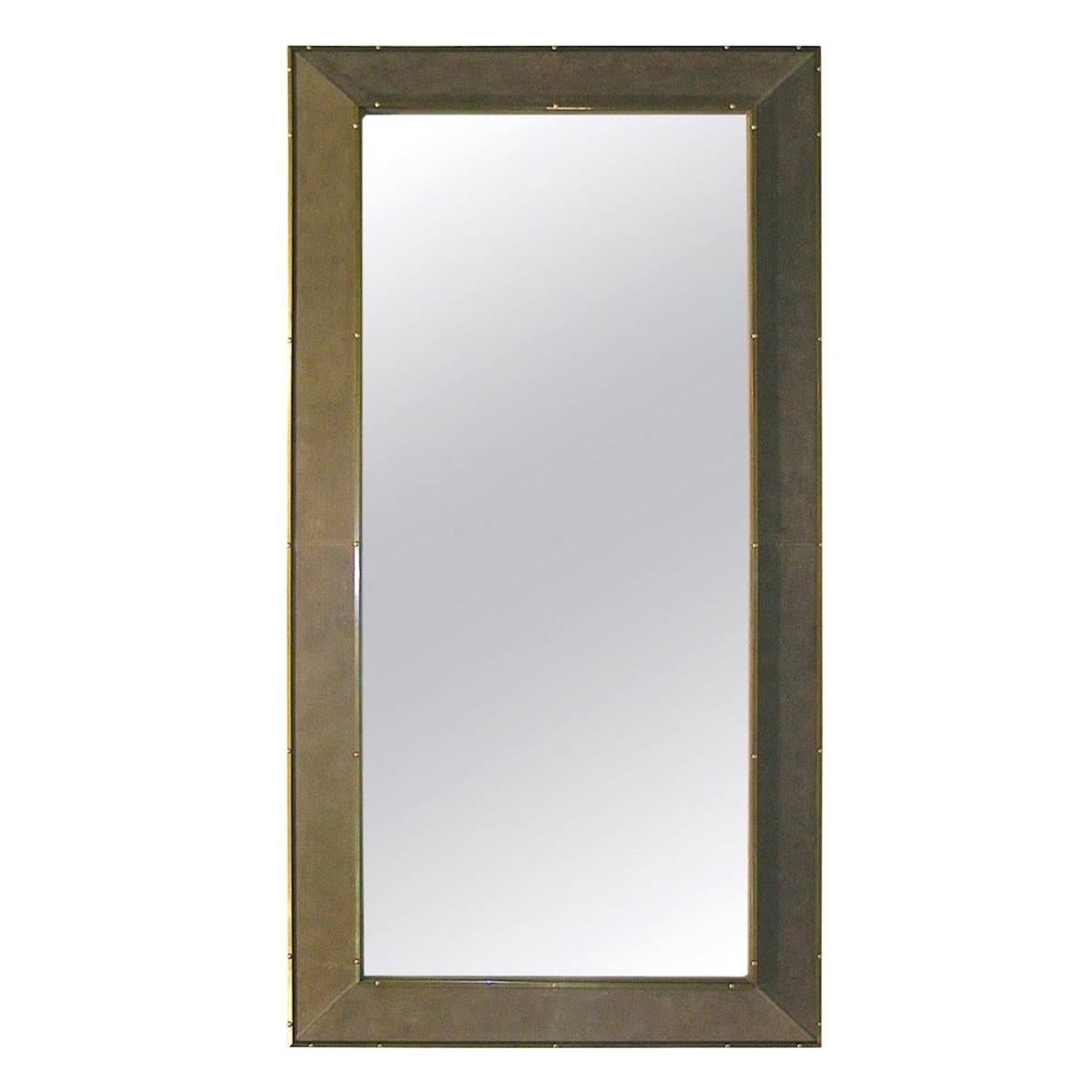 1970s Italian Suede Leather Floor Mirror with Modern Bronze Accents