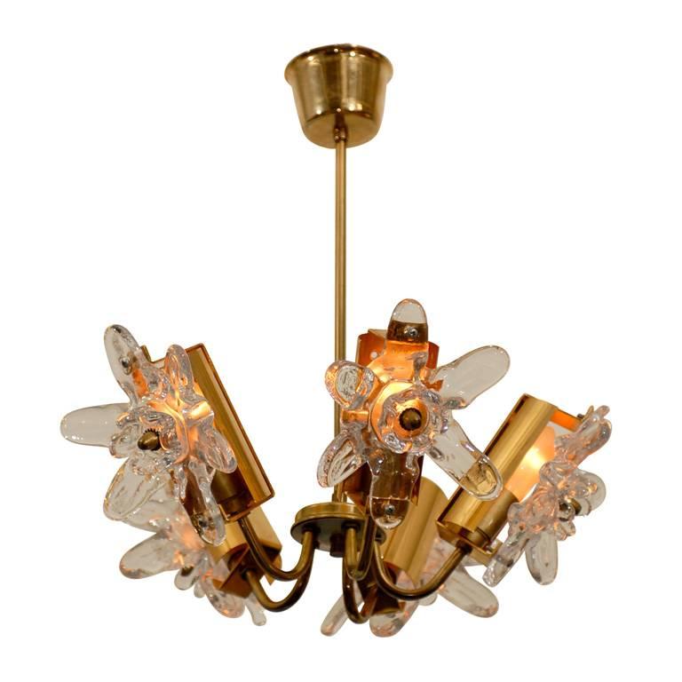Swedish Mid-Century Modern Brass Art Glass Chandelier