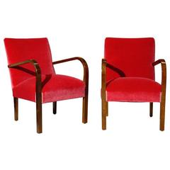 Pair of Swedish Art Deco Moderne Cherry Red Mohair Armchairs