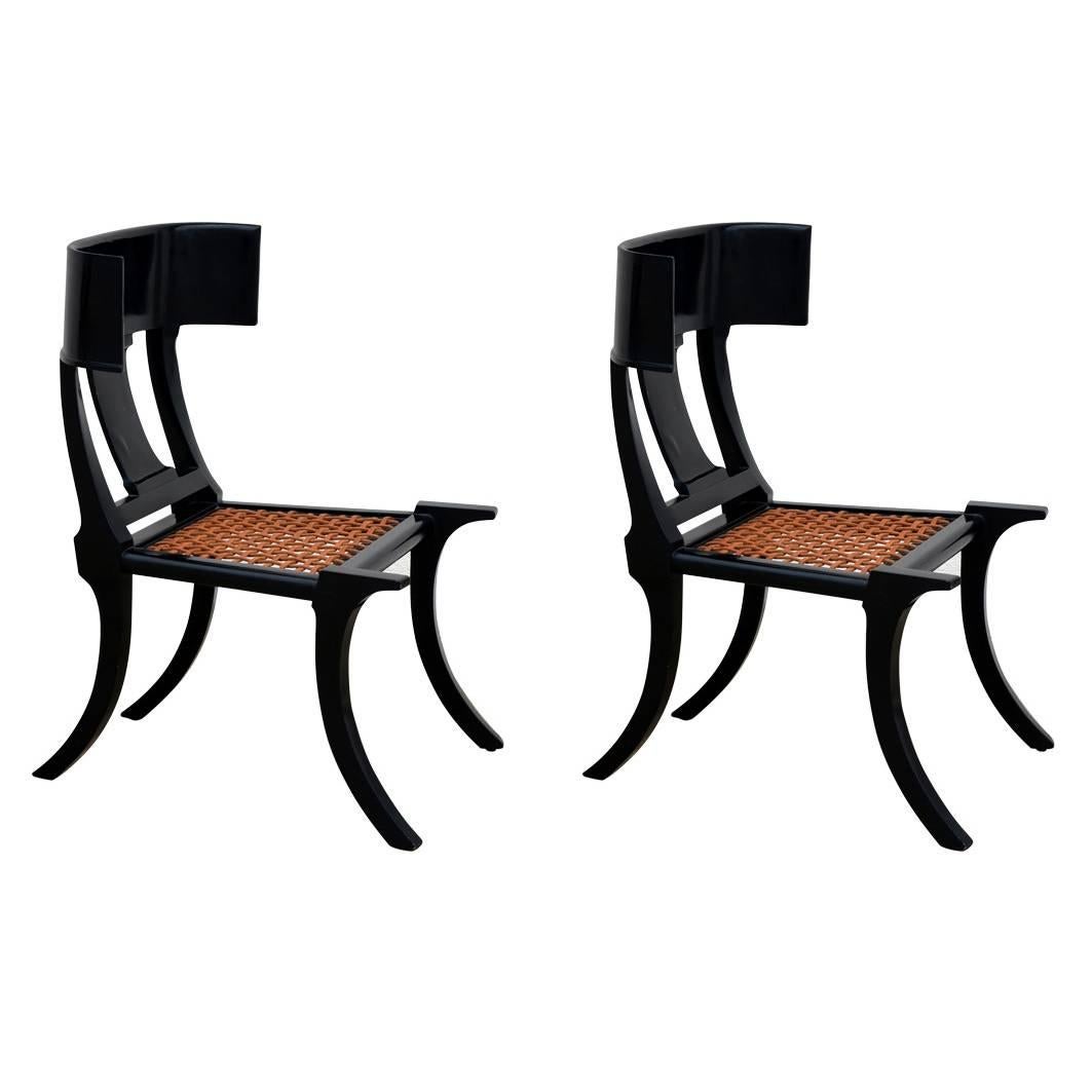 Pair of Black Lacquer and Brown Leather Klismos Chairs