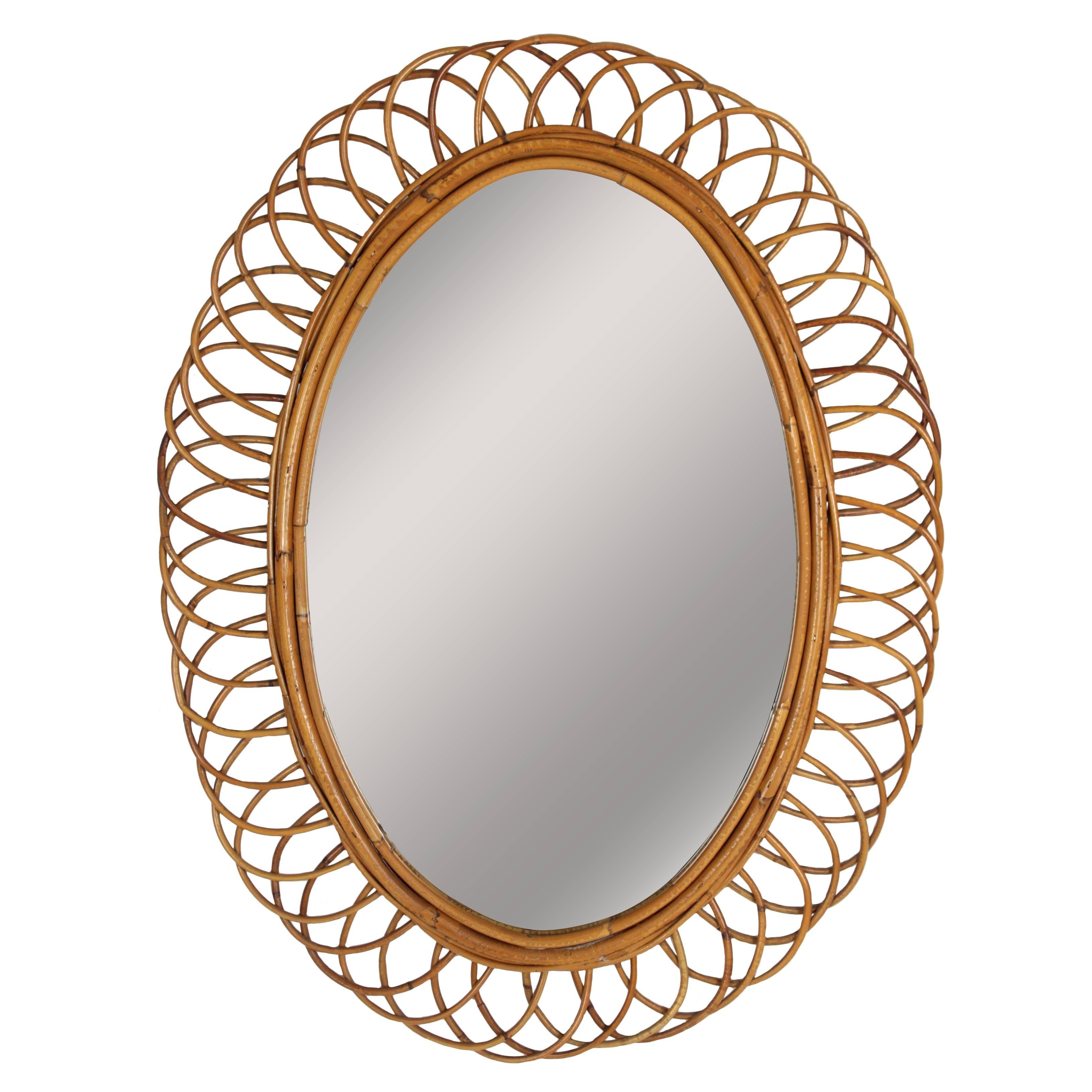 1960s Spanish Bamboo and Rattan Flower Burst Oval Mirror