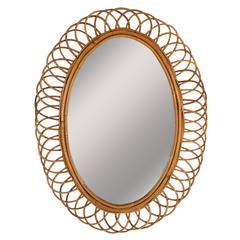 1960s Spanish Bamboo and Rattan Flower Burst Oval Mirror