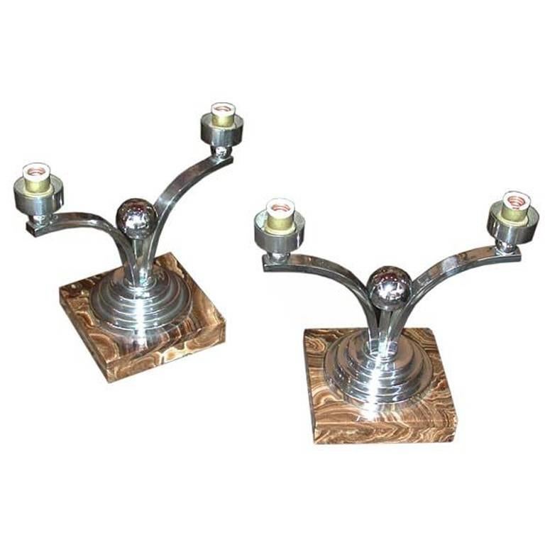 Chrome and Tiger-Eye Marble Base Table Lamps For Sale