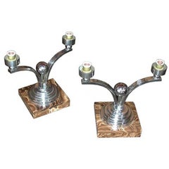Vintage Chrome and Tiger-Eye Marble Base Table Lamps