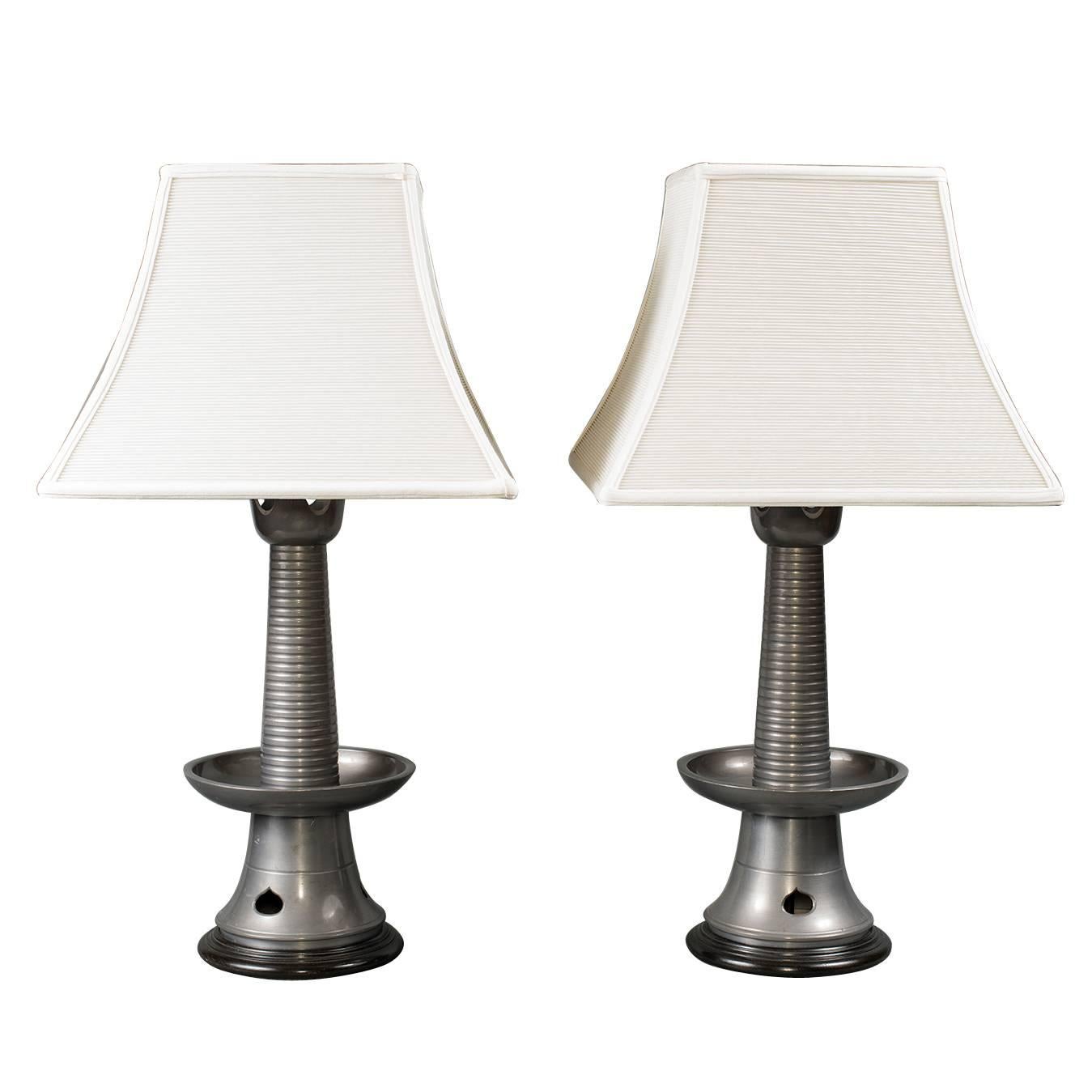 Pair of Japanese Pewter Lamps