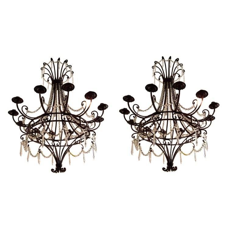 Pair of Vintage Iron and Crystal Chandeliers For Sale