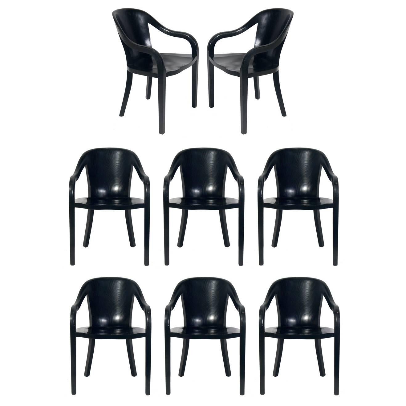 Set of Eight Black Lacquered Oak Dining Chairs by Ward Bennett