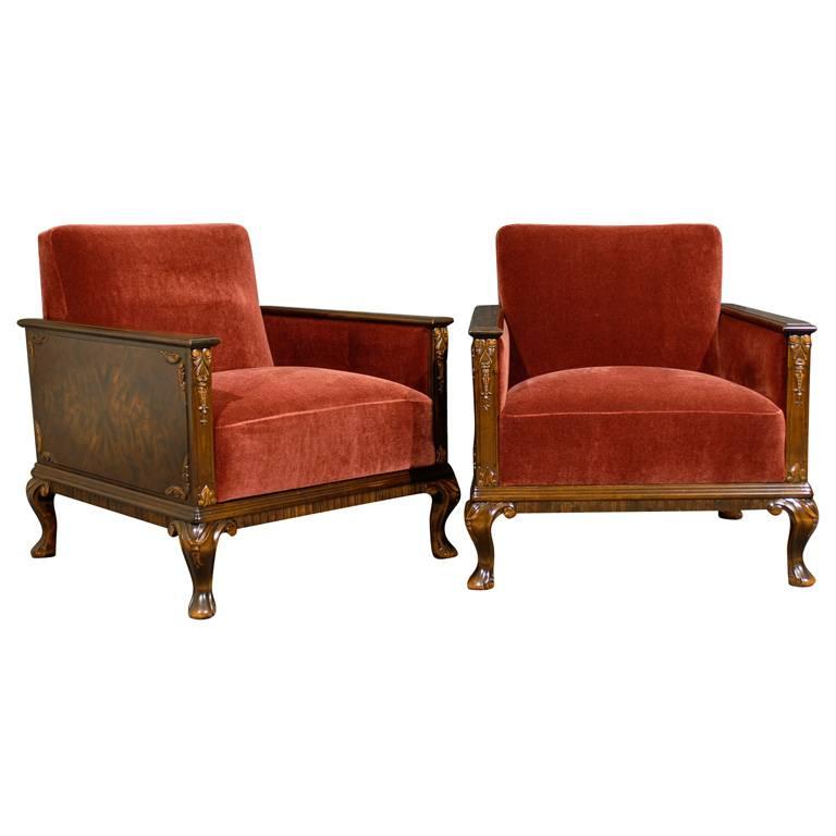 Pair of Swedish Art Deco Neoclassical Flame Birch Club Chairs
