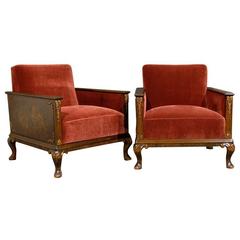 Antique Pair of Swedish Art Deco Neoclassical Flame Birch Club Chairs