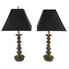 Tall Mid-Century Gold Table Lamps with Octagonal Base